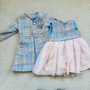 Bluberi boulevard Blue & Blush Tweed Jacket with Blush Tulle Dress Set